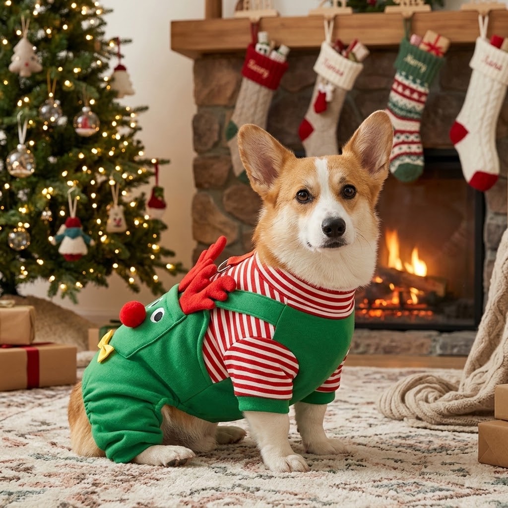 Ropa navideña de cuerpo completo de elfo puesta en corgi junto a chimenea y árbol de Navidad