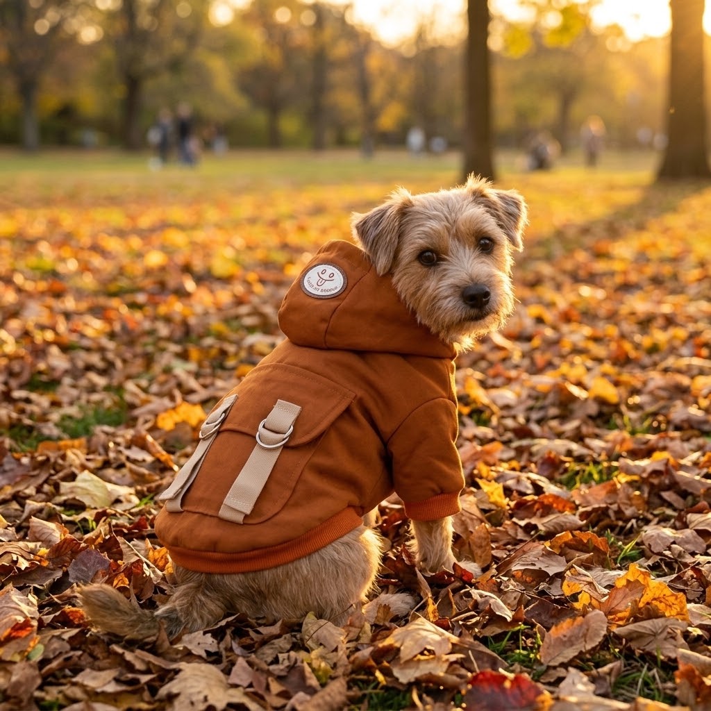 Perro pequeño con sudadera marrón con capucha en un parque en otoño