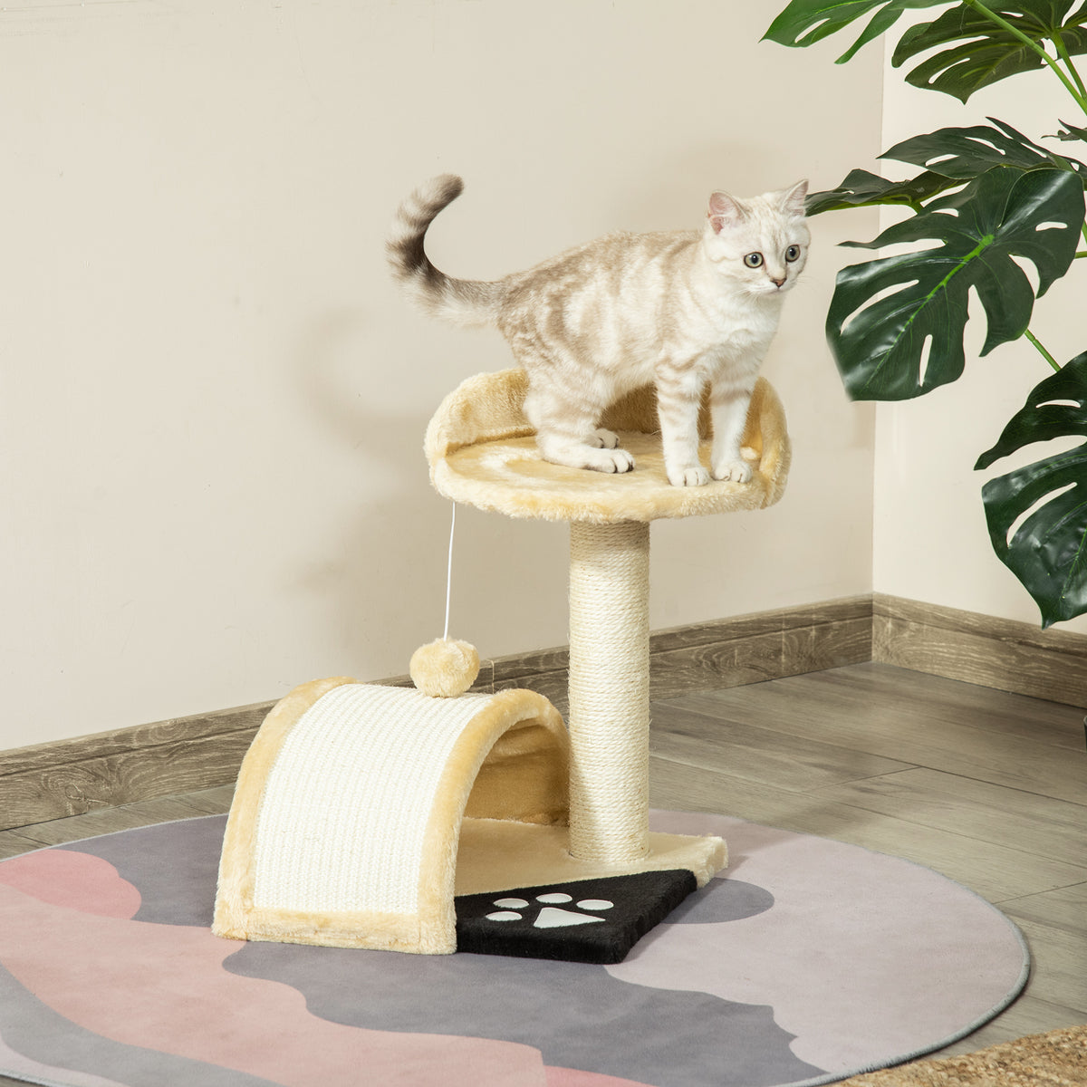 Árbol rascador de diseño para gatos con bola colgante y plataforma, beige, foto 8 de 9