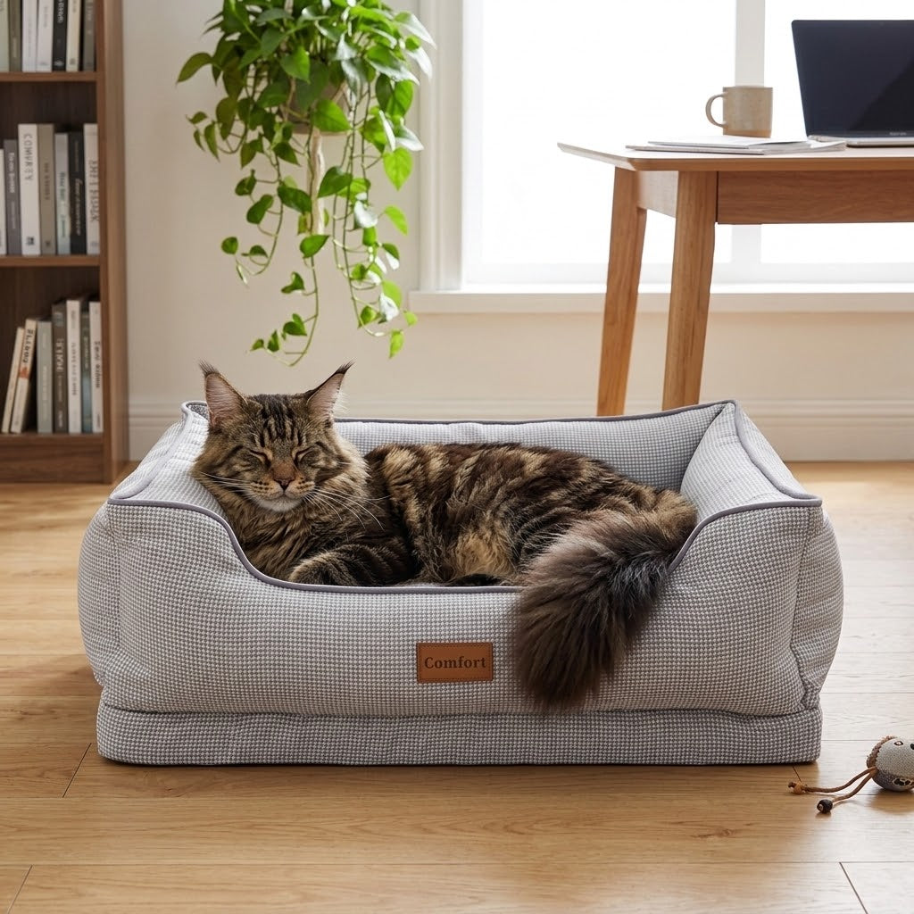 Cama lavable y desmontable para perros y gatos junto al escritorio