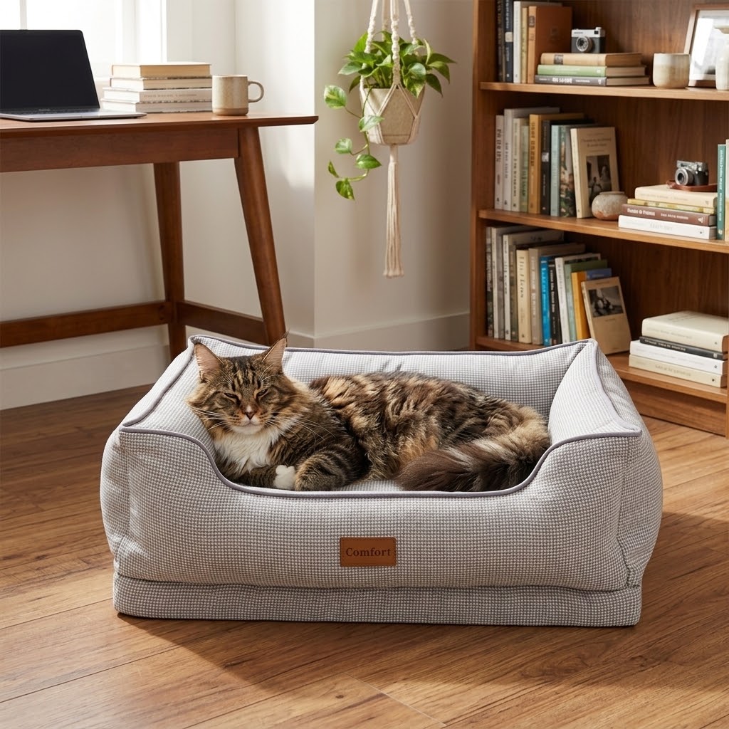 Cama lavable y desmontable con gato maine coon en estudio luminoso