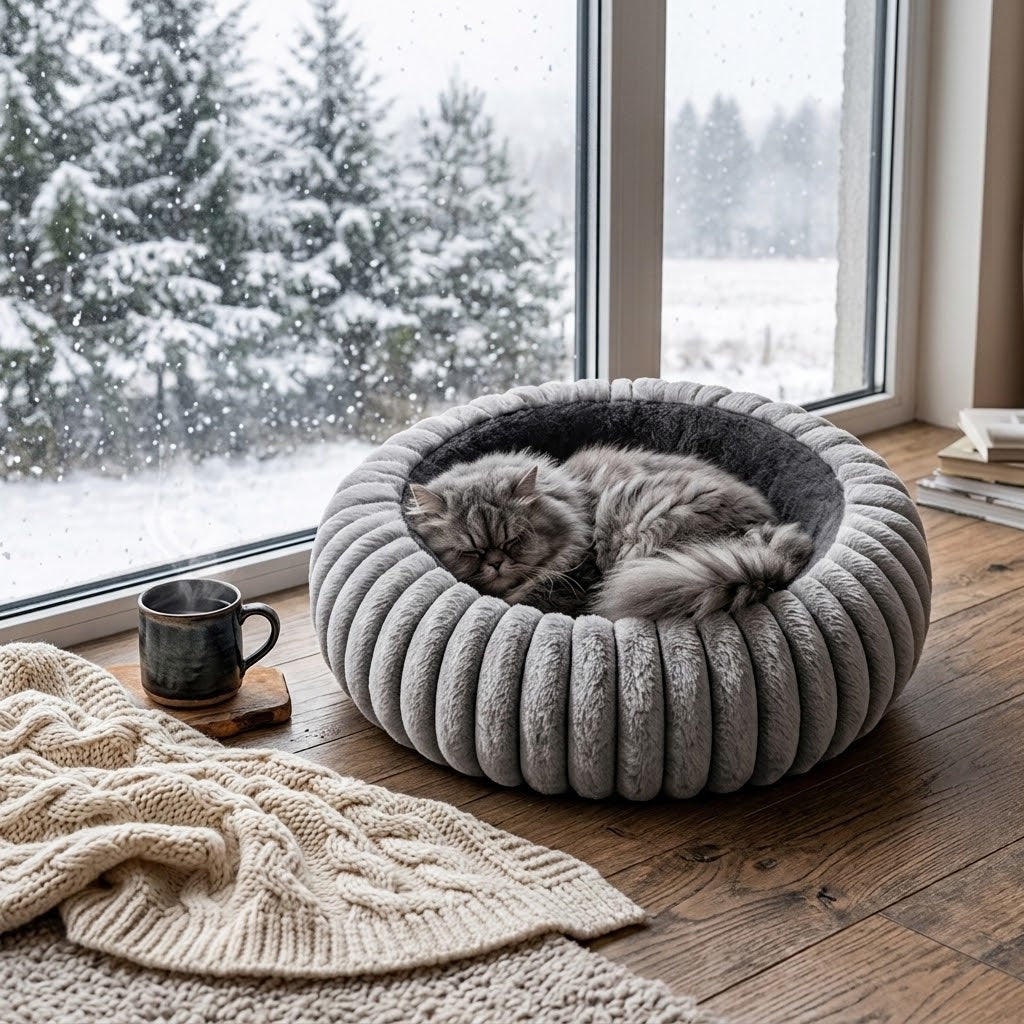 Cama térmica con calentador USB y gato persa junto a ventana nevada