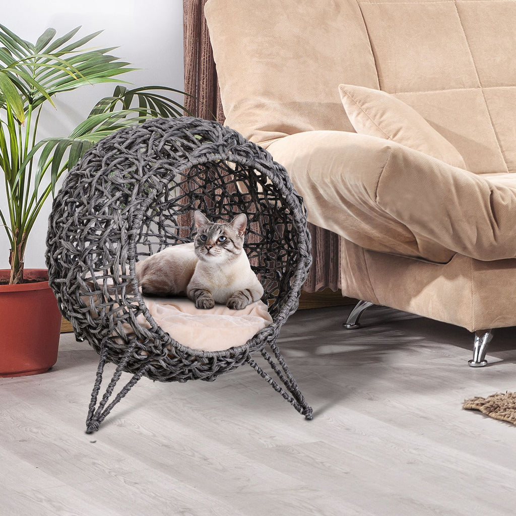 Cama cueva elevada de ratán para gatos con cojín, gris