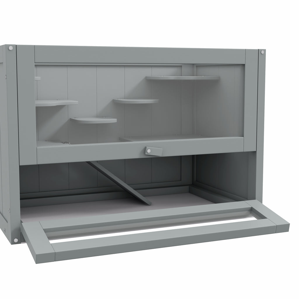 Jaula de madera para hámster con rampa y techo abatible, 60 x 35 x 42 cm, gris