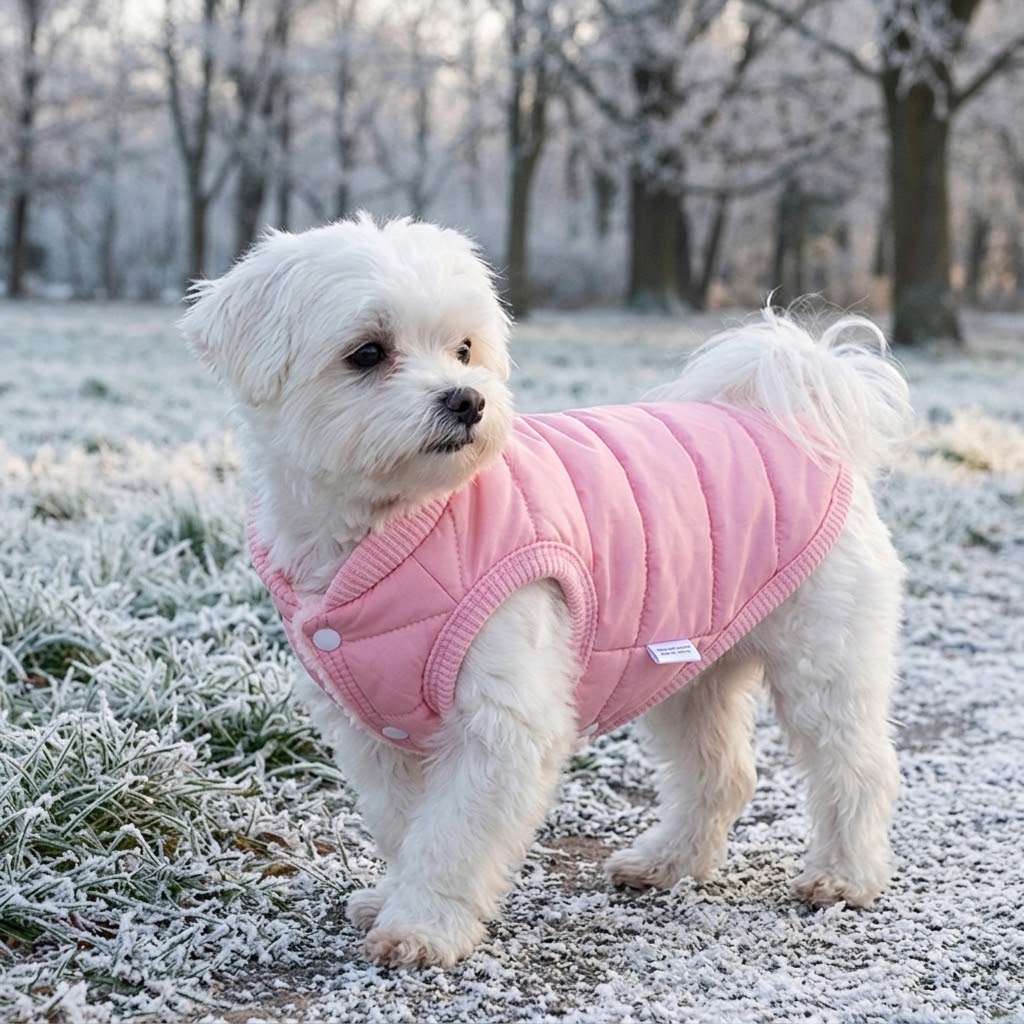 Perro con chaleco acolchado de invierno en parque con escarcha