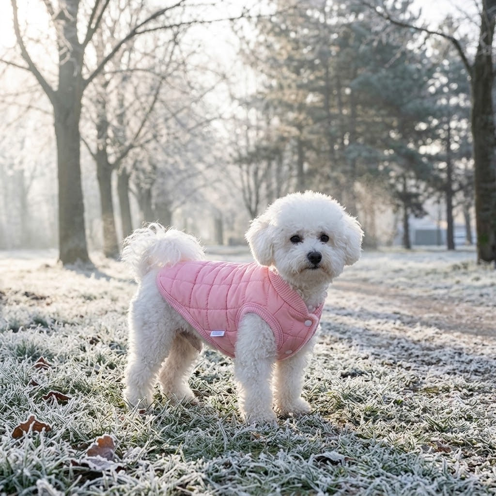 Chaleco de invierno sin mangas rosa puesto en perro pequeño blanco en parque
