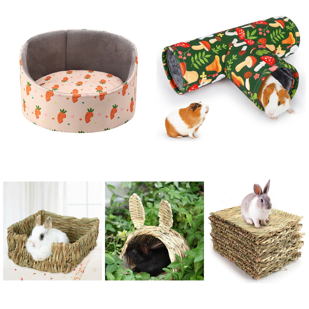 Pack para conejos y cobayas: cama, túnel en T, nido, túnel de paja y alfombrillas