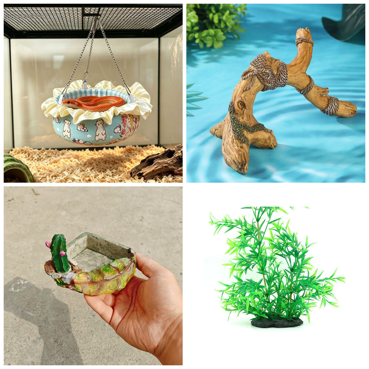 Pack decoración de terrario: hamaca colgante, rama, bebedero cactus y planta