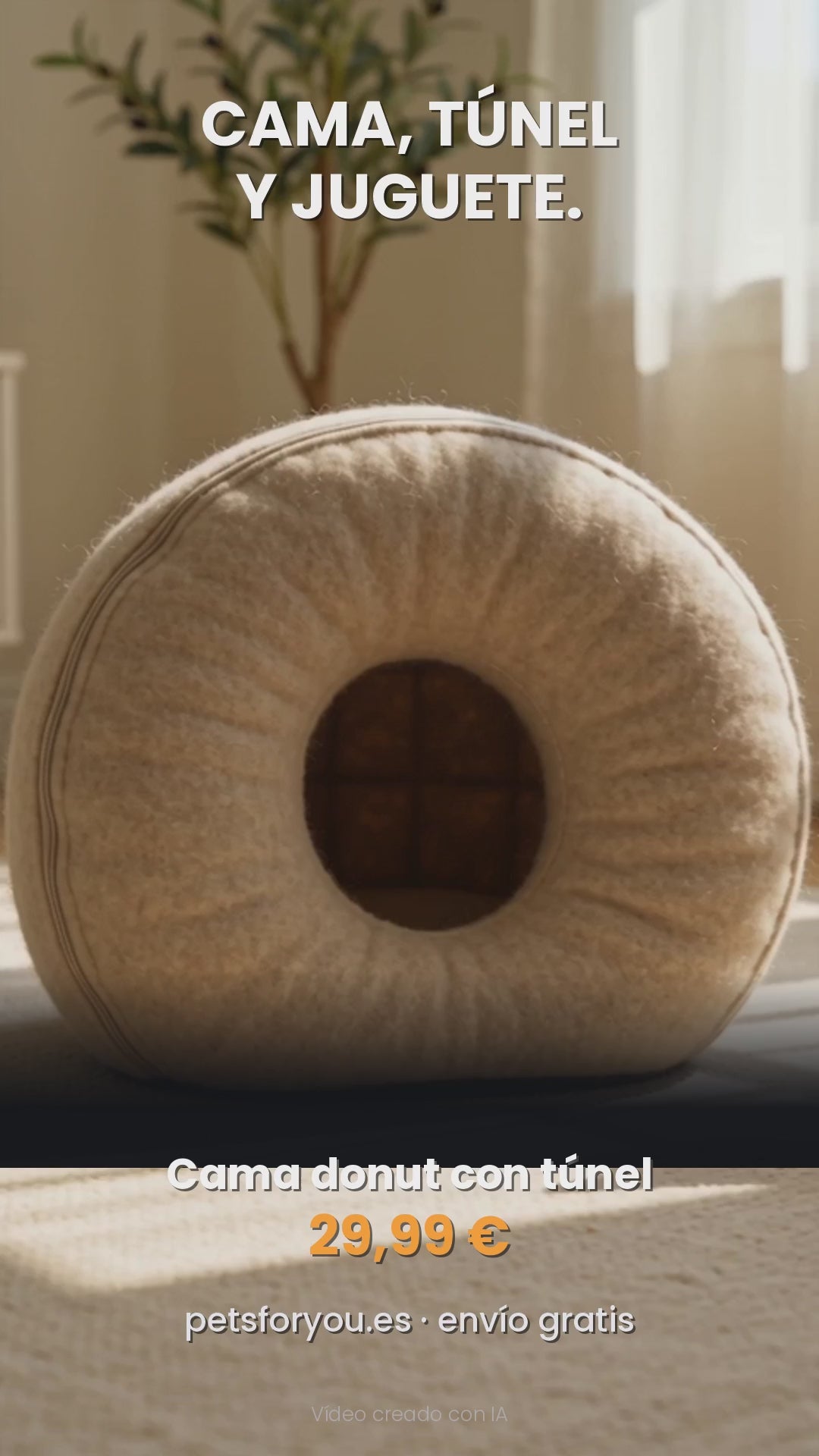 Cama donut para gatos con túnel y juguete, vídeo del producto