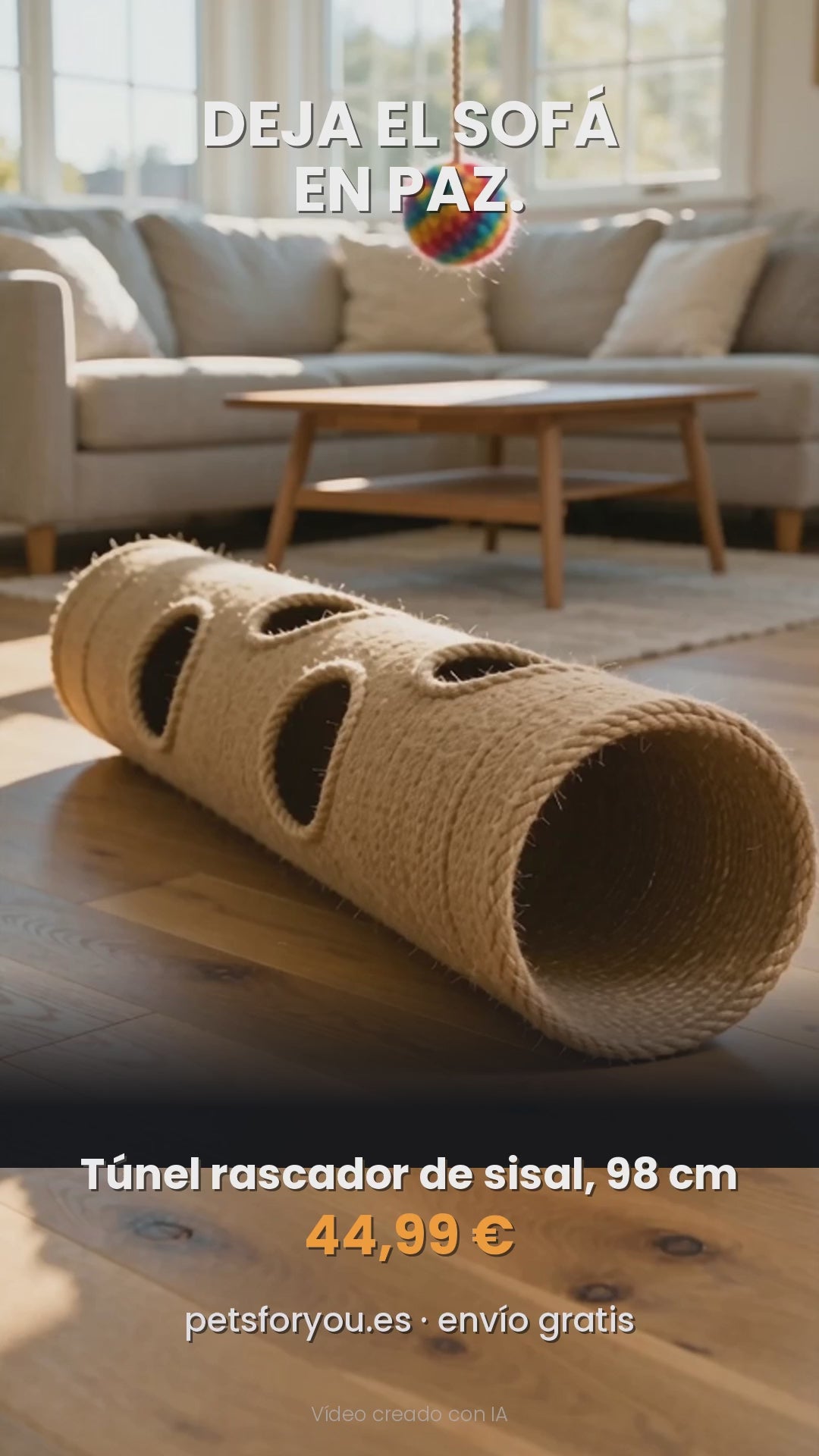 Túnel rascador para gatos con cuevas y pelota, 98 cm, vídeo del producto