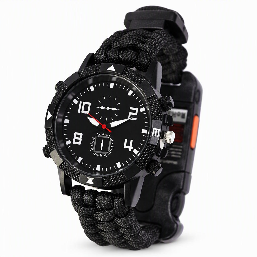 Pulsera de supervivencia de paracord negra con reloj y brújula