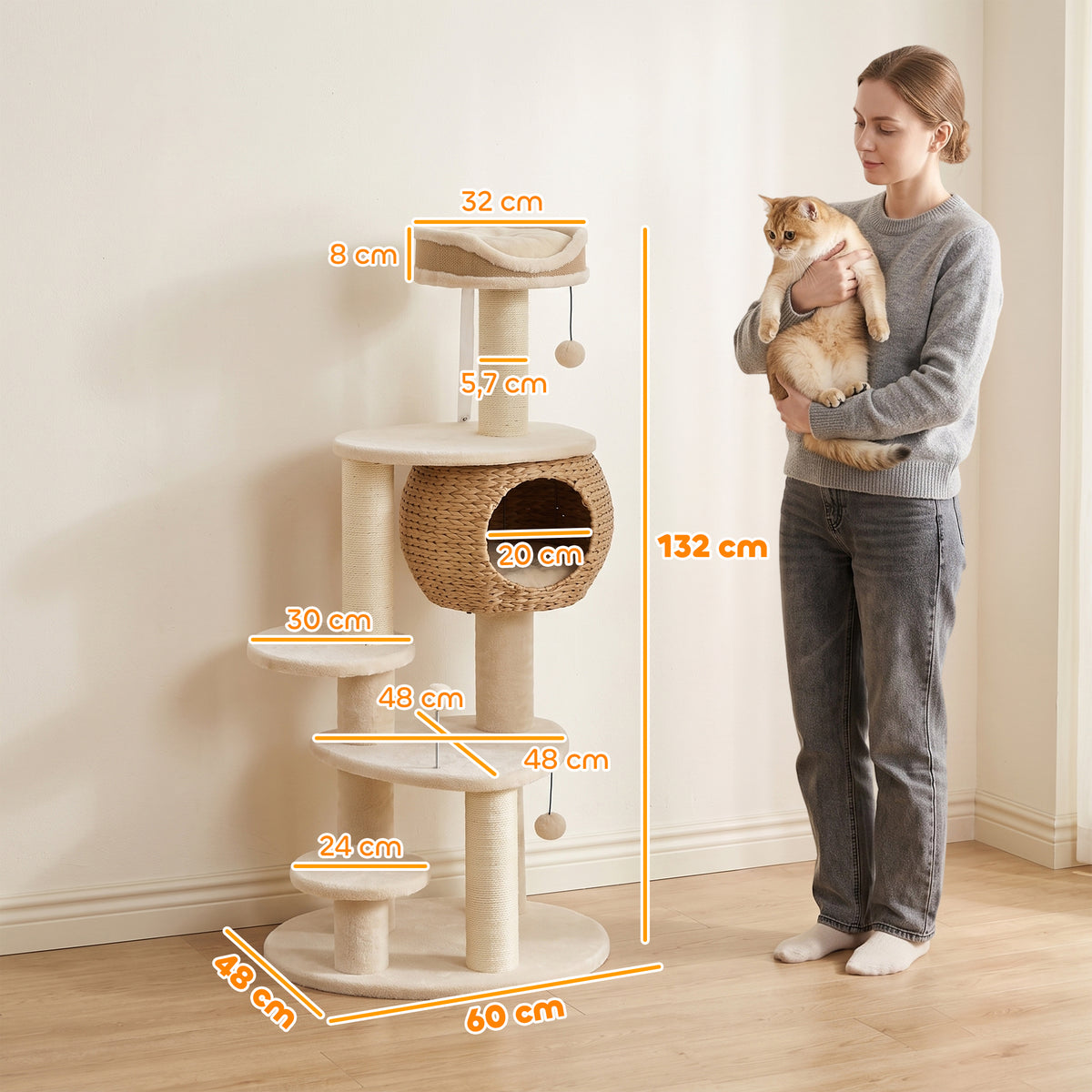 Árbol rascador para gatos de 132 cm con 4 niveles