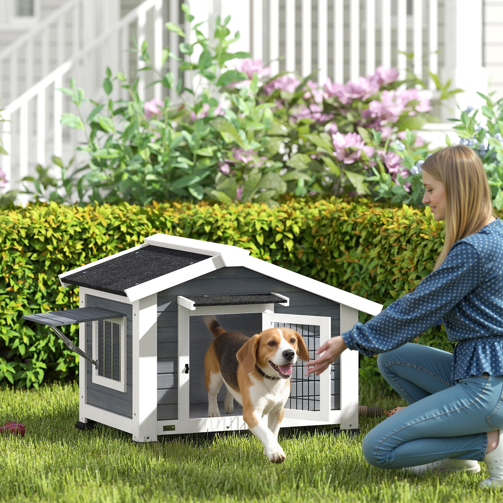 Caseta de madera elevada para perros medianos hasta 20 kg, 98x76x69,5 cm