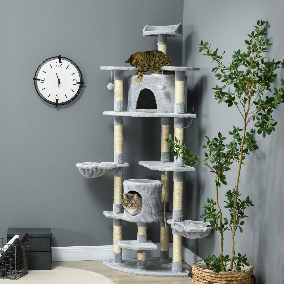 Arbre à chat XXL arbre à grimper pour chat multi-équipements griffoirs 6 plate-formes 2 niches hauteur 200 cm gris-9