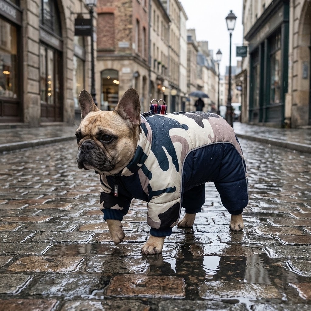 Bulldog francés con abrigo impermeable de cuerpo entero en una calle mojada de la ciudad