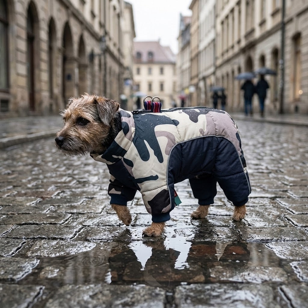 Perro pequeño con abrigo impermeable de cuerpo entero paseando bajo la lluvia por la ciudad