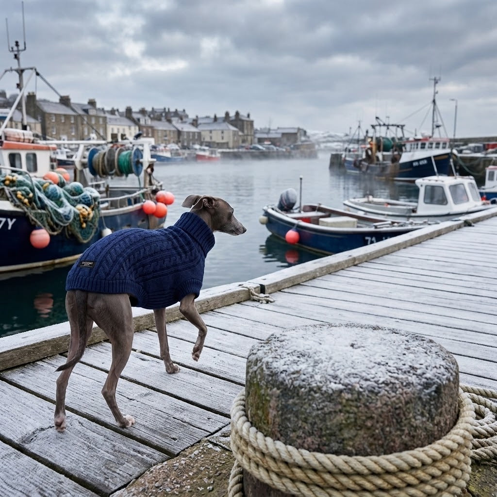 Perro con jersey azul marino de punto paseando por el muelle de un puerto en invierno