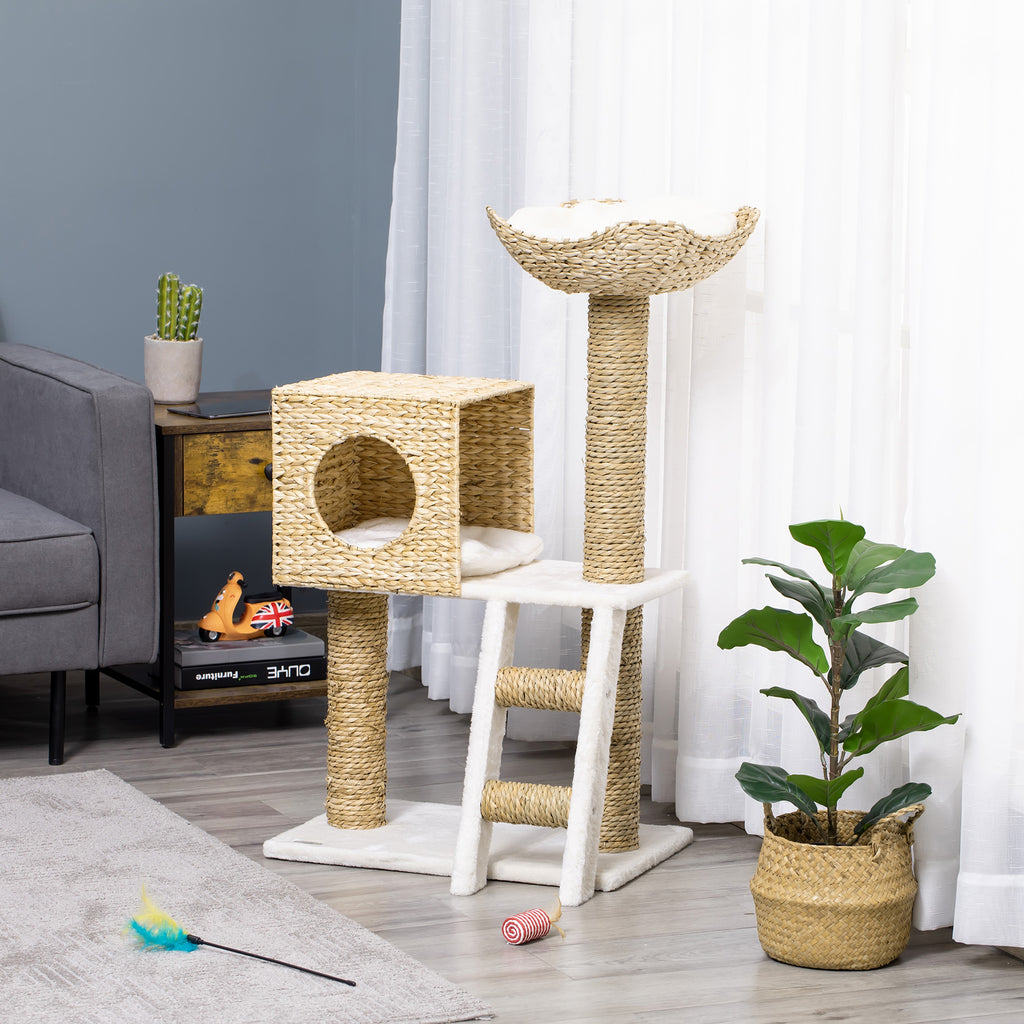 Árbol rascador de 100 cm con cueva de totora y cama para gatos