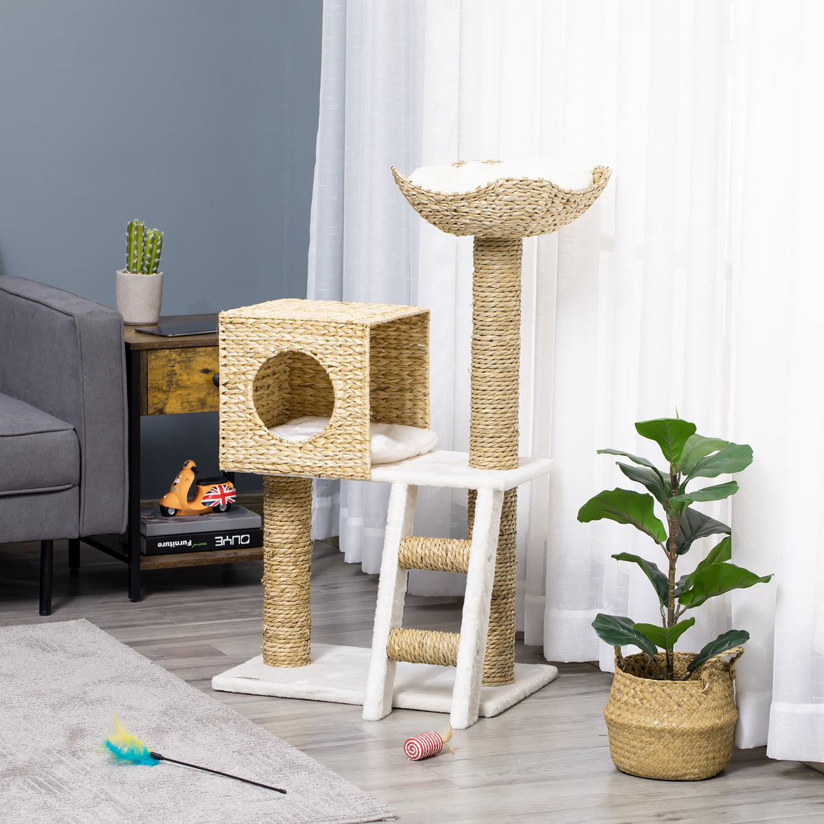 Árbol rascador de 100 cm con cueva de totora y cama para gatos