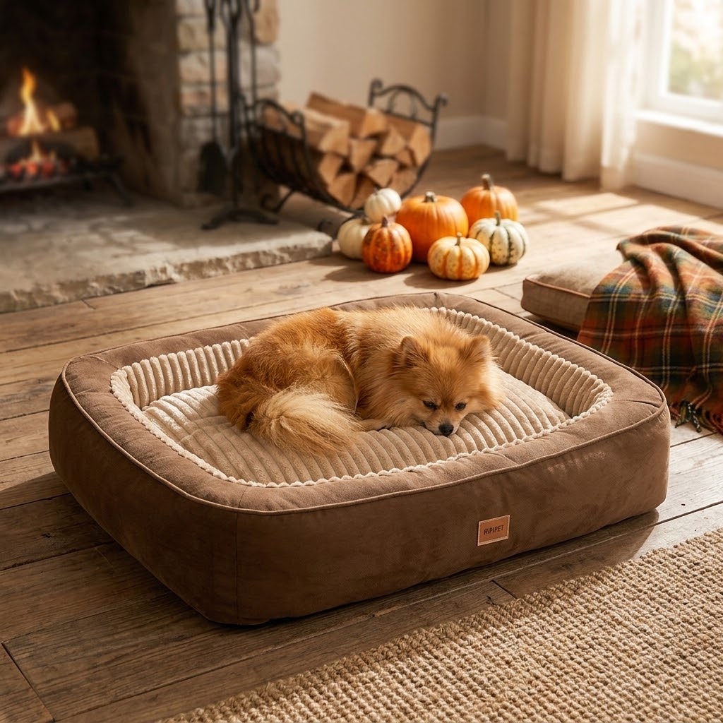 Cama semiencerrada para perros y gatos junto a chimenea y calabazas