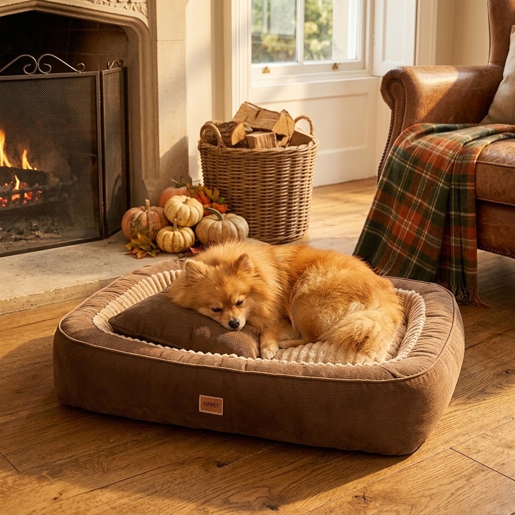 Cama semiencerrada cálida con pomerania en salón de otoño