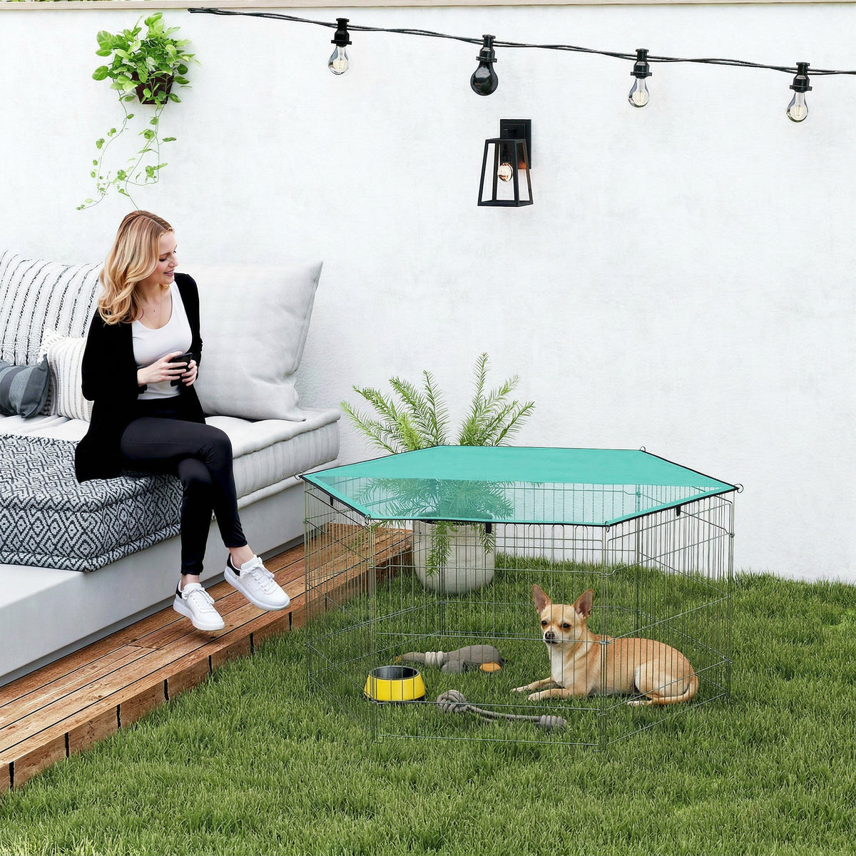 Parque plegable para perros y gatos con techo, 6 paneles