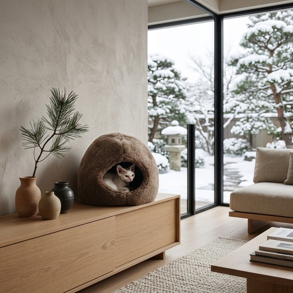 Cama cueva de lana natural Mellow beige en salón japandi con vistas a jardín nevado