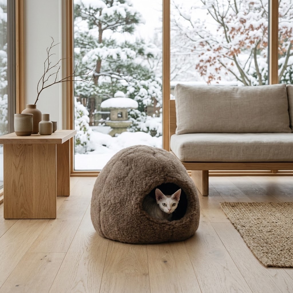 Cama cueva de lana natural Mellow beige con gatito en salón japandi