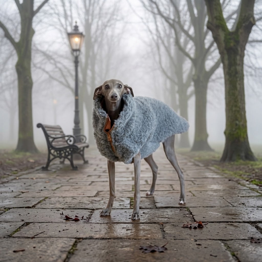 Perro con chaleco de lana gris oscuro en un parque con niebla en invierno