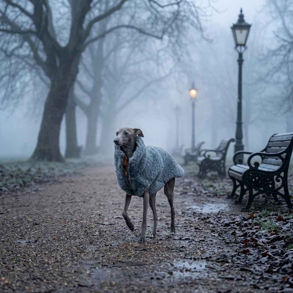 Perro con chaleco gris oscuro paseando por un parque con farolas y bancos