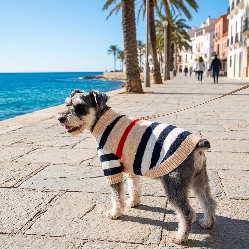 Schnauzer con jersey de punto a rayas en un paseo marítimo mediterráneo