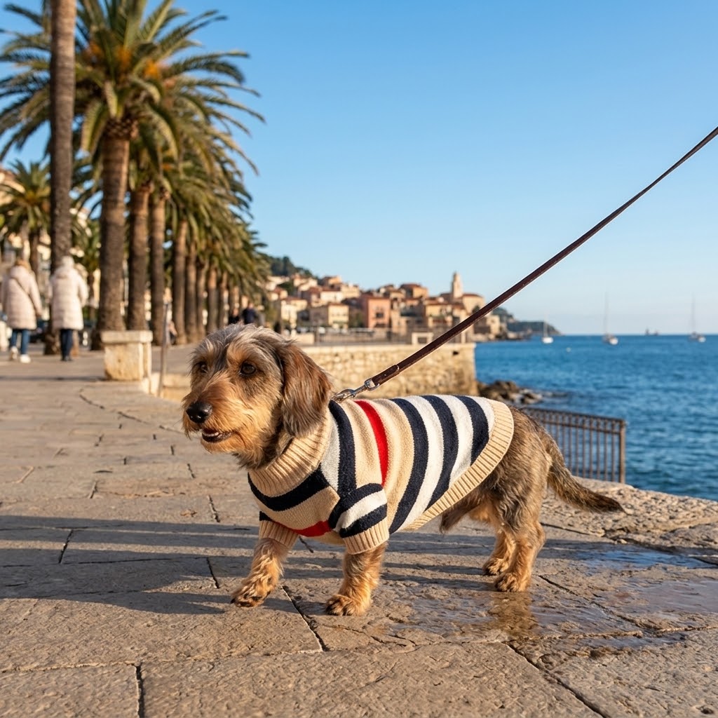 Perro con jersey de rayas paseando junto al mar con palmeras en invierno