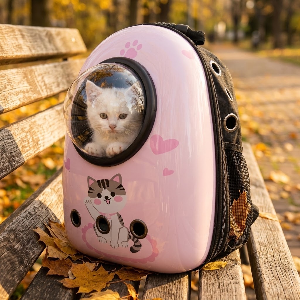 Mochila transportín para gatos y perros pequeños sobre banco con hojas doradas
