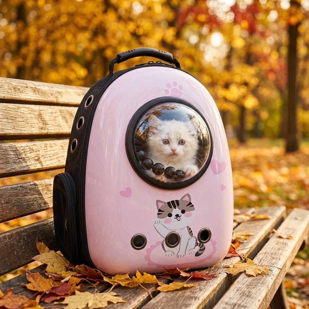 Mochila transportín rosa con gatito asomado por la ventana en un parque de otoño