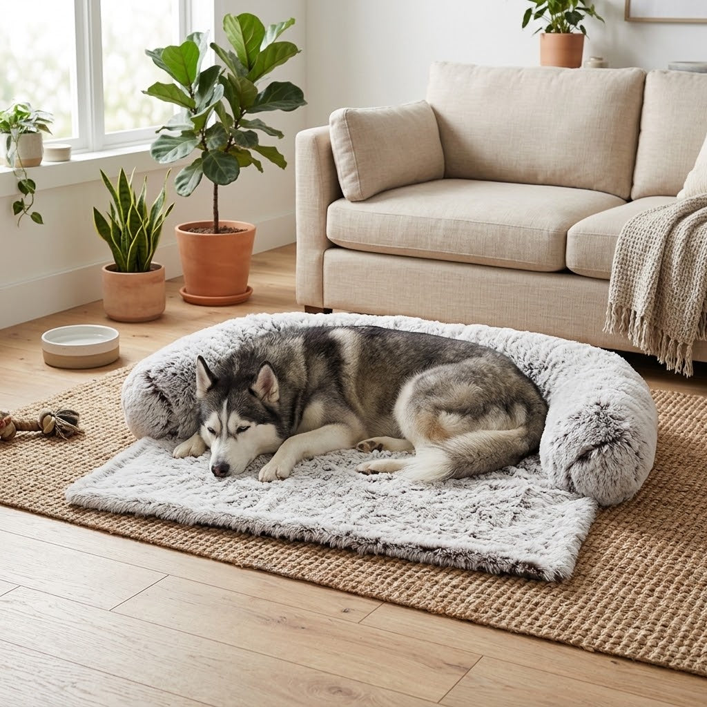 Cama mullida desenfundable para perros sobre alfombra de yute