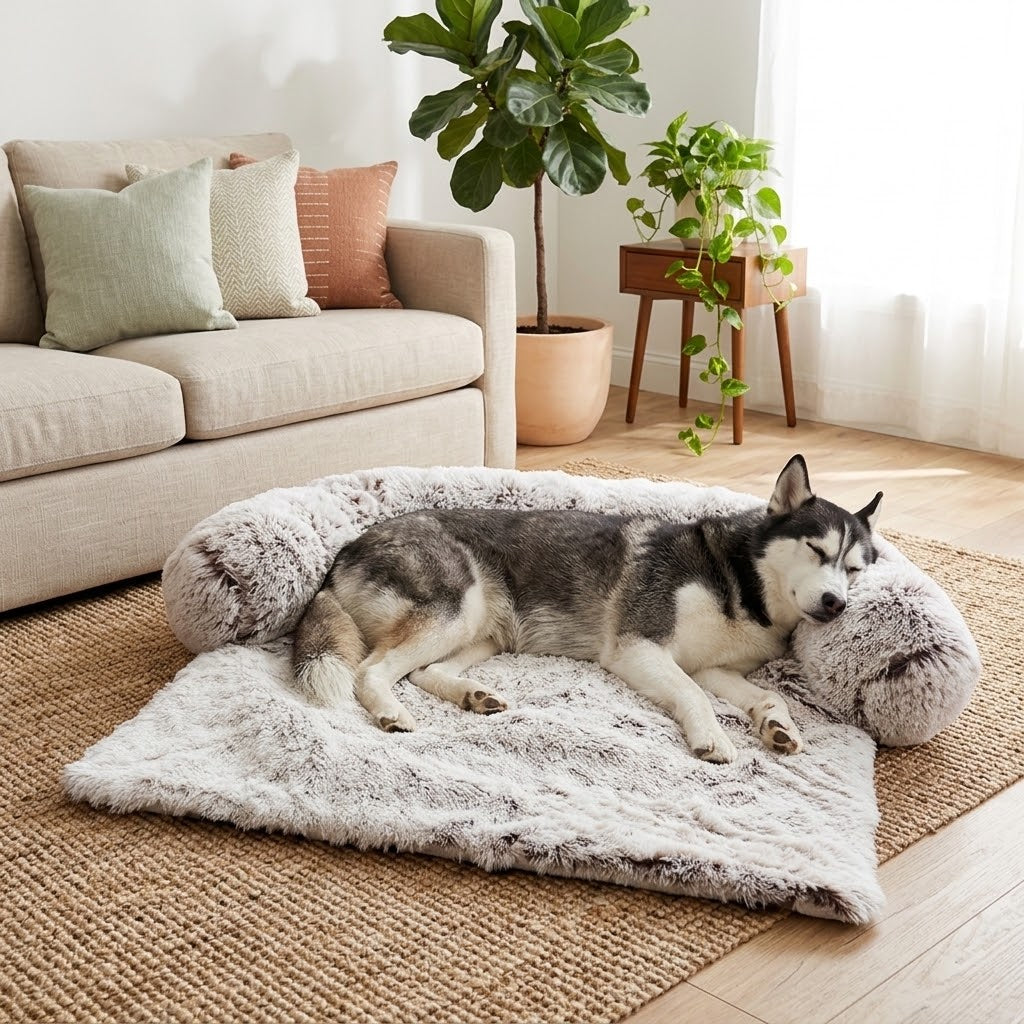 Cama mullida desenfundable con husky en salón moderno luminoso
