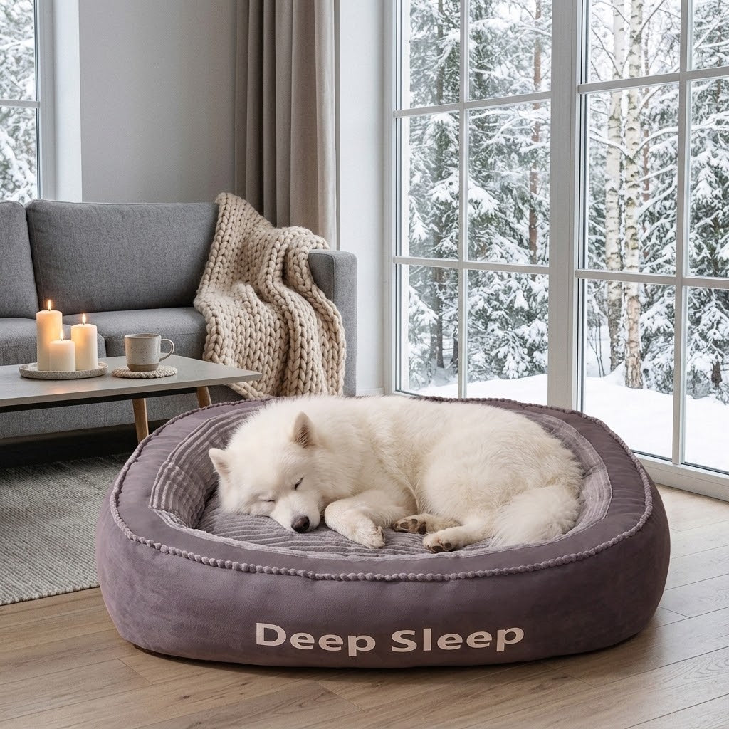 Cama acolchada y lavable para perros en salón acogedor de invierno
