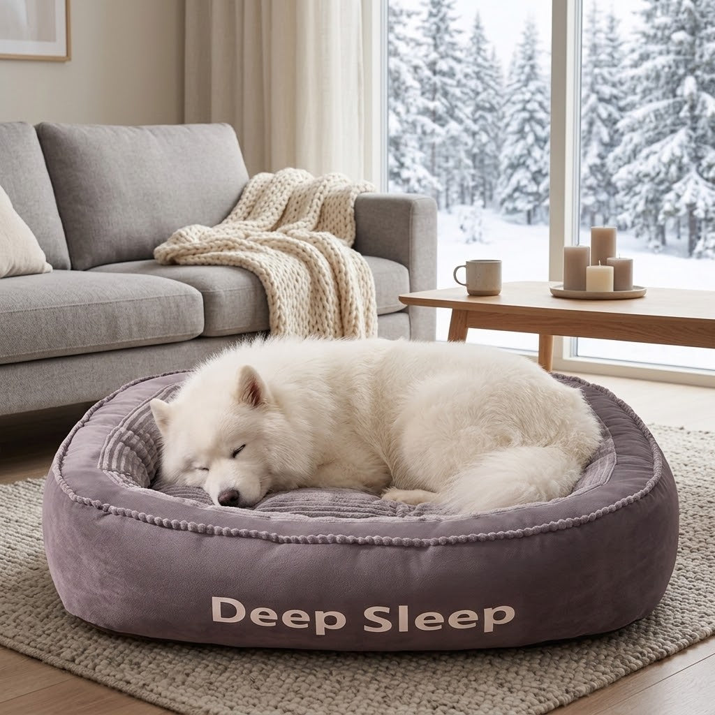 Cama acolchada y lavable con samoyedo en salón nórdico nevado