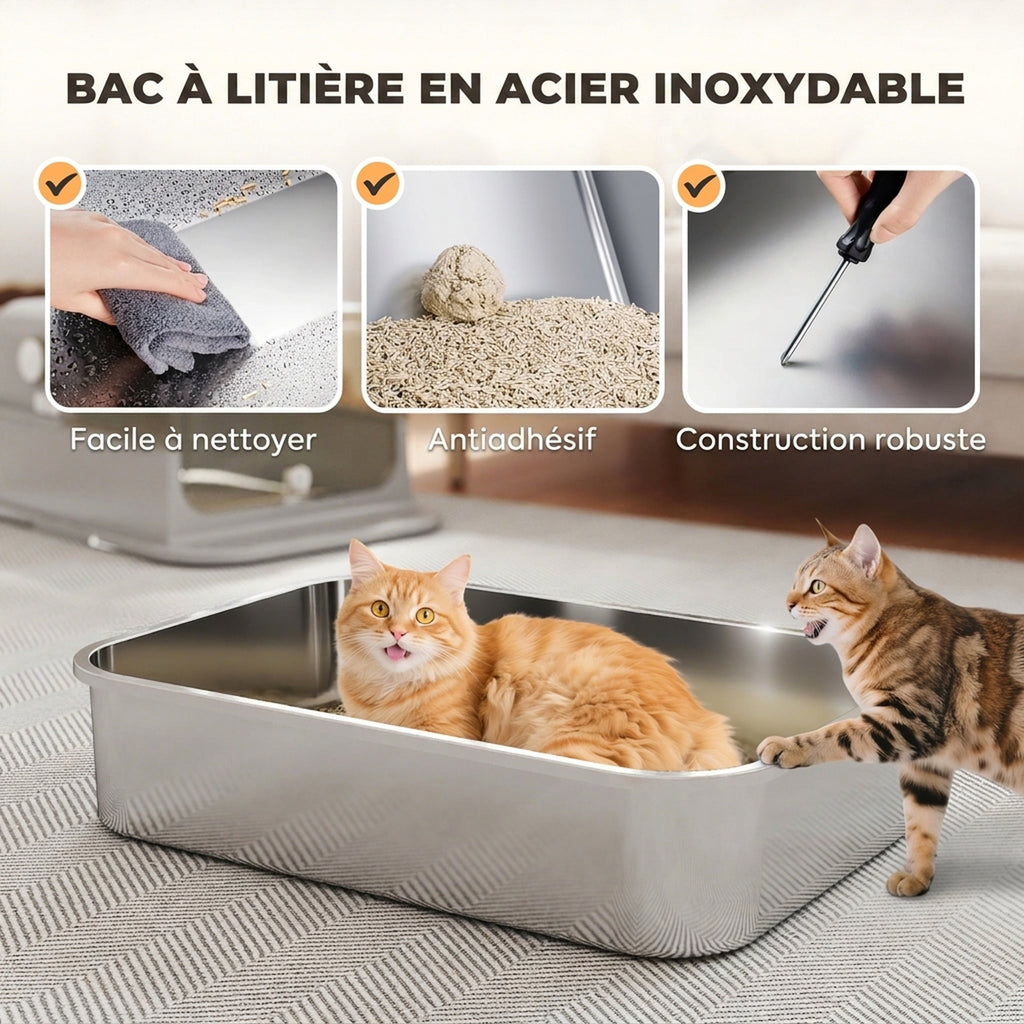 Arenero cerrado XXL de acero inoxidable para gatos grandes, 70 x 50 cm