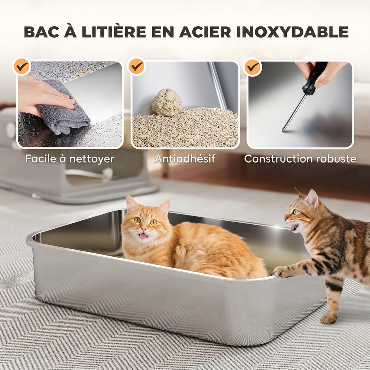 Arenero cerrado XXL de acero inoxidable para gatos grandes, 70 x 50 cm