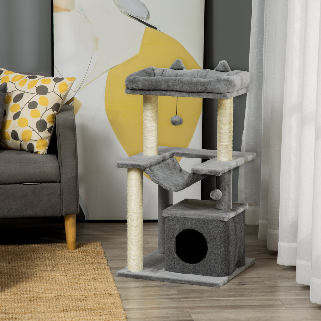 Árbol rascador para gatos con hamaca y refugio gris