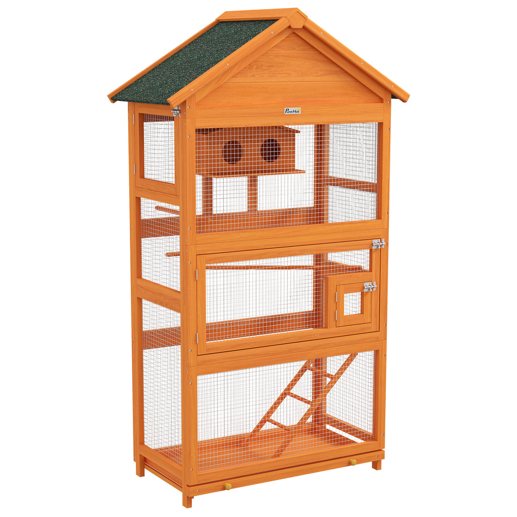 Jaula de madera para pájaros con zona de juegos y techo impermeable, 92x52x171 cm, naranja-0