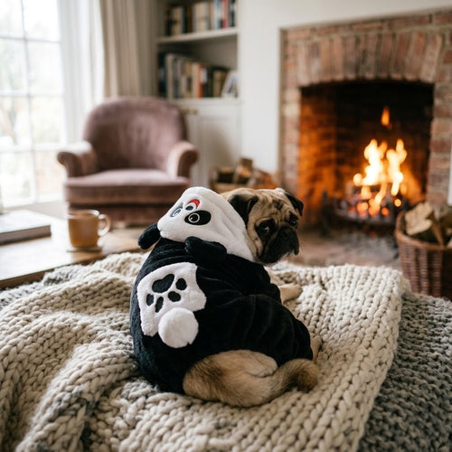 Perro con abrigo polar de panda tumbado sobre una manta junto a la chimenea