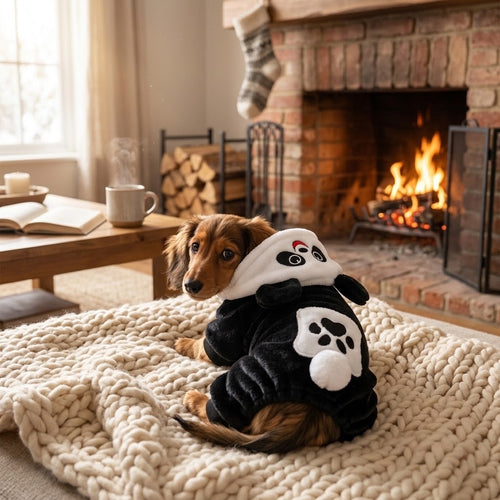 Perro pequeño con pijama polar de panda descansando en un salón acogedor en invierno