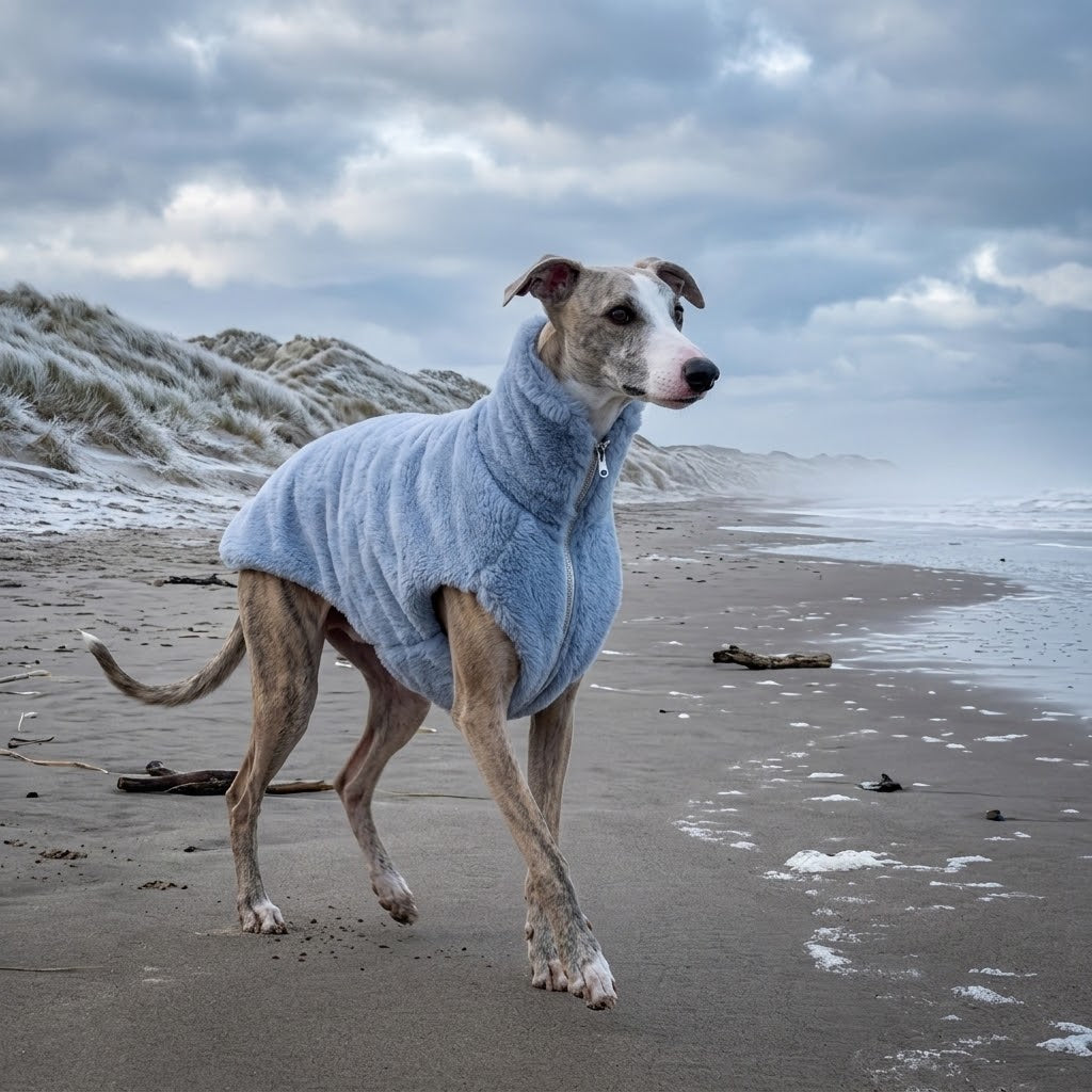 Galgo con chaleco azul de lana en la orilla del mar con cielo nublado