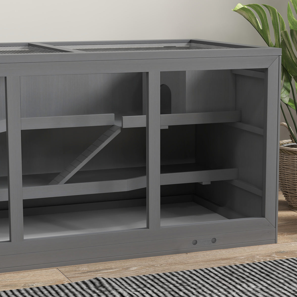 Jaula para hámster de 2 niveles con techo abatible, ventanas, casita y 2 escaleras, 115x57x55 cm, gris-7