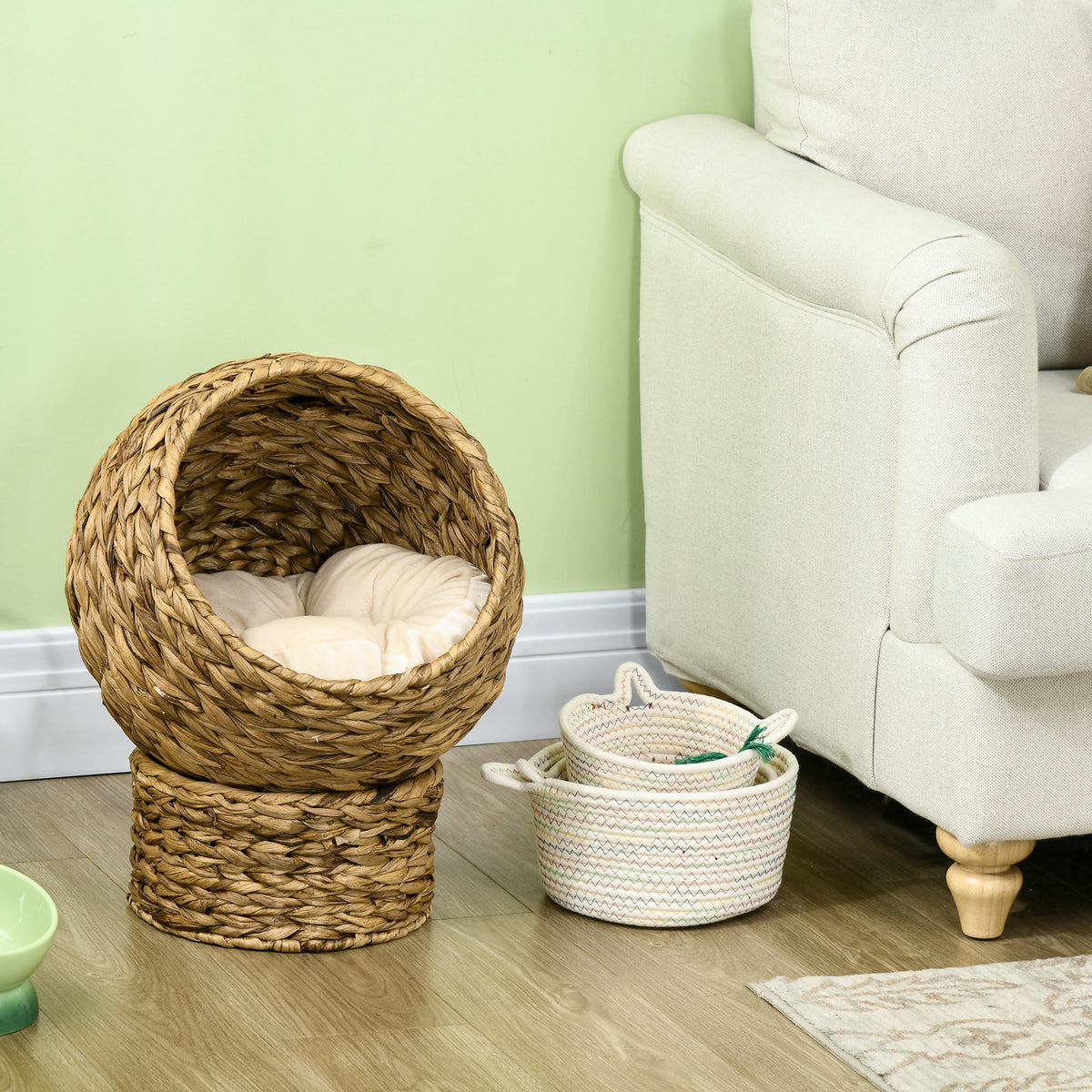 Cama cueva de fibra trenzada para gatos con cojín lavable, 40 x 37 x 51 cm