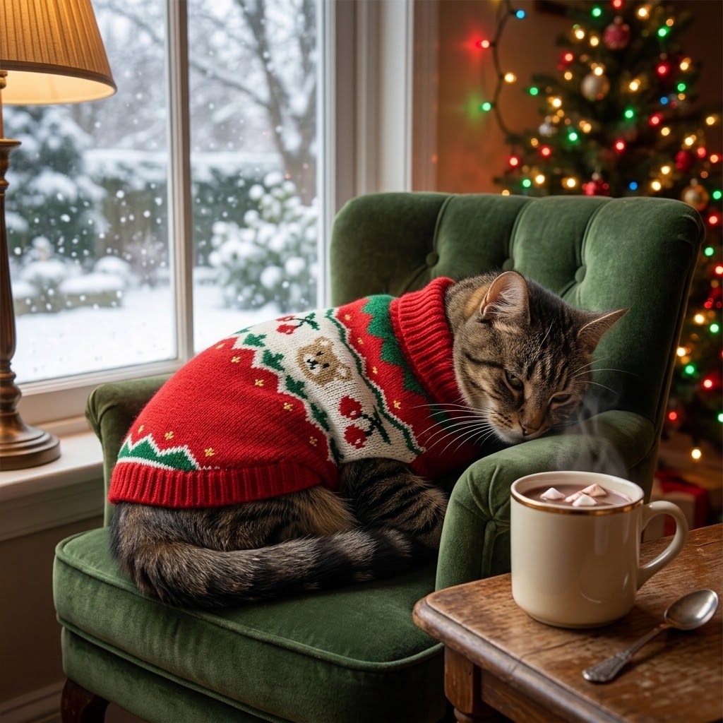 Gato con jersey navideño rojo de punto en un sillón junto a la ventana nevada