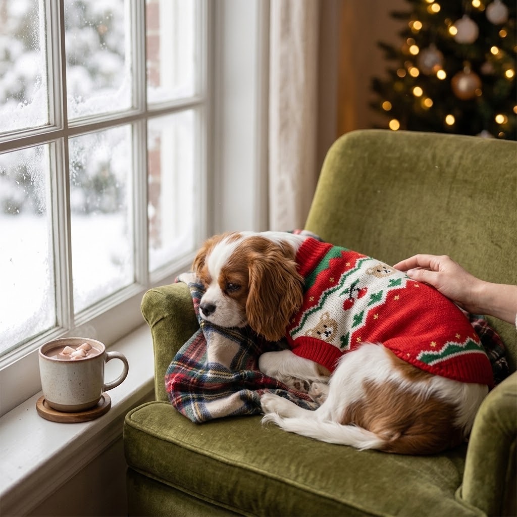 Cavalier con jersey navideño de punto descansando en un sillón en invierno