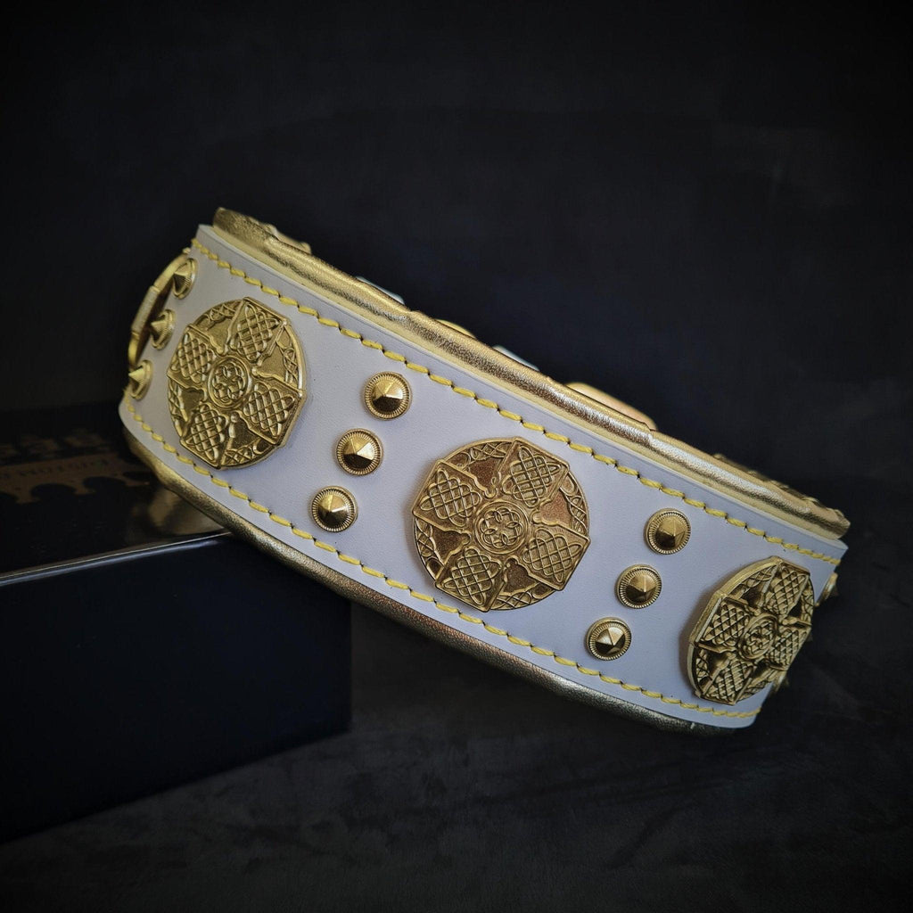 Collar Bestia Maximus blanco y dorado para perros grandes, de M — neck 42.5–50 cm a XXL — neck 65–75 cm